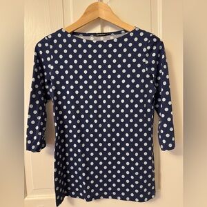 Marimekko Ilma Pallo Polka Dot Top Navy Blue White Sz XS 3/4 Sleeve
